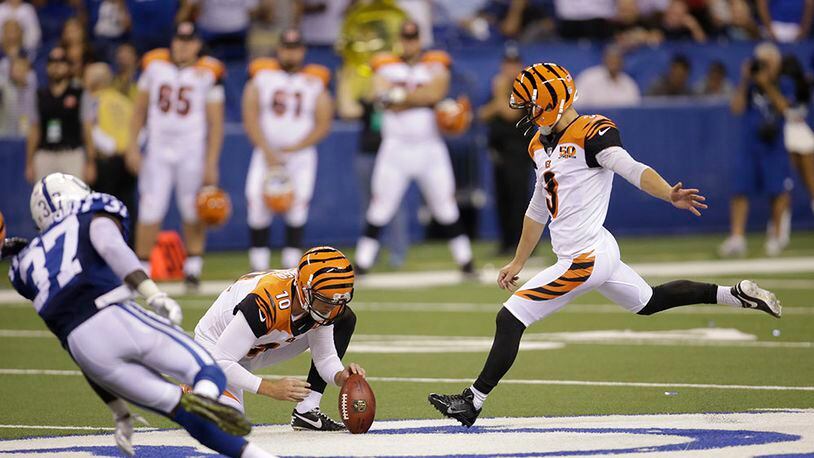 Cincinnati Bengals kicker Jake Elliott (3) misses a field goal from he hold of Kevin Huber in the second half of a preseason NFL football game against the Indianapolis Colts in Indianapolis, Thursday, Aug. 31, 2017. The Colts defeated the Bengals 7-6. (AP Photo/AJ Mast)