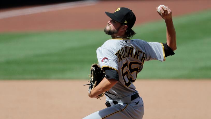 Pittsburgh Pirates starting pitcher JT Brubaker throws during the sixth inning of a baseball game against the St. Louis Cardinals Sunday, July 26, 2020, in St. Louis. (AP Photo/Jeff Roberson)