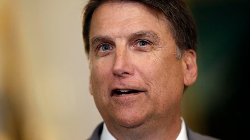 Gov. Pat McCrory speaks during a news conference in Raleigh, N.C., on May 9, 2016. McCrory's administration sued the federal government Monday in a fight for a state law that requires transgender people to use the public restroom matching the sex on their birth certificate.