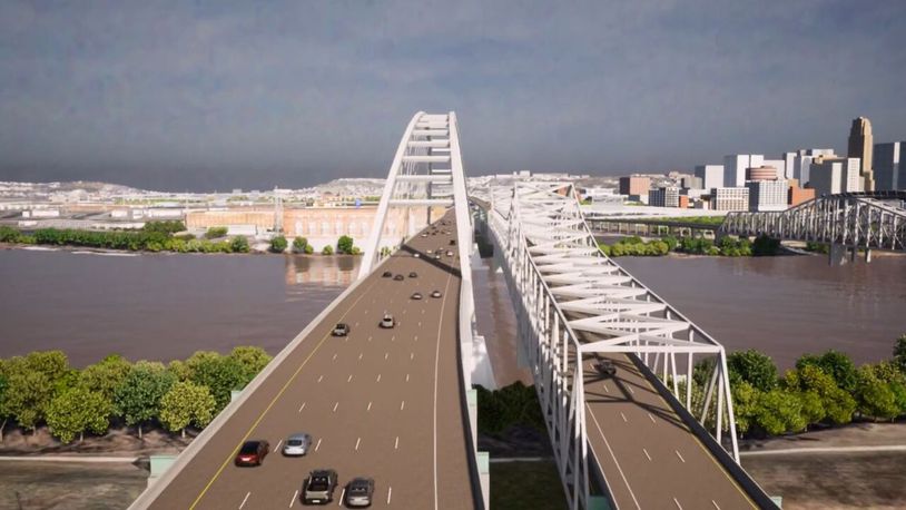 A rendering shows the possible new Brent Spence Bridge and companion bridge that will span from Cincinnati in Ohio to Covington in Kentucky. Photo by: KYTC and ODOT
