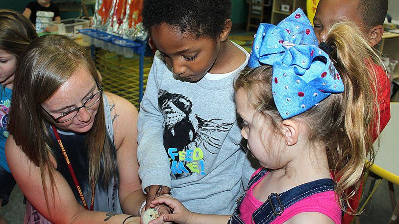 Springfield City Schools Early Learning Center teacher (left) Cortney Moore shows students a recently hatched chick. JEFF GUERINI/STAFF