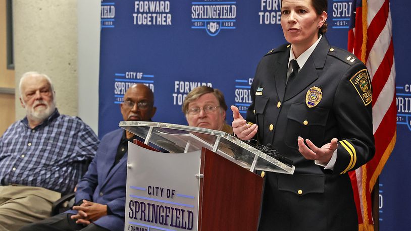 Capt. Allison Elliott, the new Springfield Police Chief, speaks during a press conference announcing her position Monday, Dec. 19, 2022 during a press conference at City Hall. BILL LACKEY/STAFF