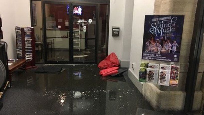 Standing water is shown outside Un Mundo Cafe inside the Clark County Heritage Center after a water pipe busted Thursday night.