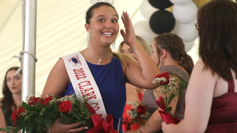 Rebekah Hardacre seems in disbelief after she was crowned the 2022 Clark County Fair Queen Friday, July 22, 2022. BILL LACKEY/STAFF
