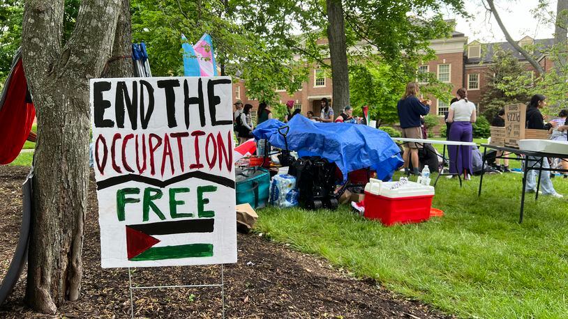 A pro-Palestinian encampment started by the Miami University chapter of Students for Justice in Palestine entered its second night Friday, May 3, 2024, on the academic quad outside Roudebush Hall, the university’s main administrative building. SEAN SCOTT/CONTRIBUTED