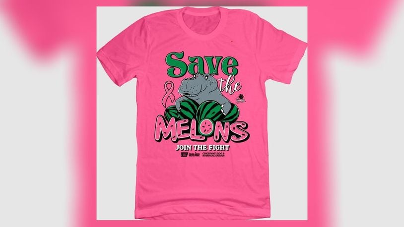 The Cincinnati Zoo is partnered with the American Cancer Society and the annual Real Men Wear Pink campaign presented by TriHealth to sell the pink T-shirts that say “save the melons,” a play on the idea of Fiona the hippo's favorite treat, watermelon. CONTRIBUTED/CINCY SHIRTS