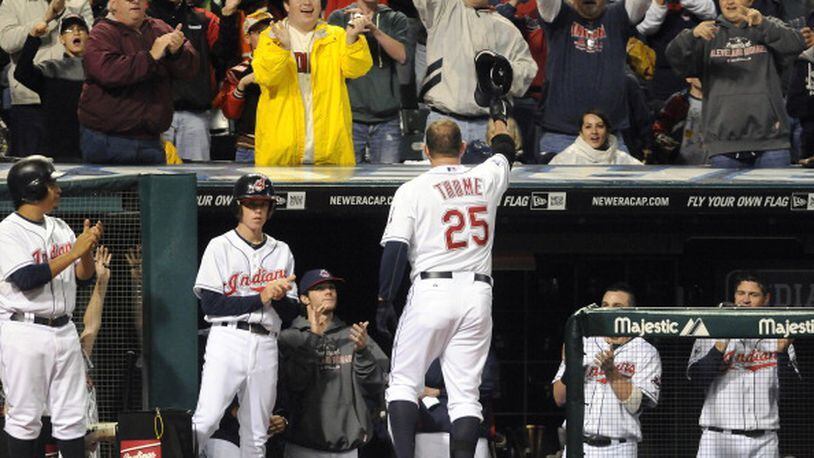CLEVELAND, OH - SEPTEMBER 23: Jim Thome #25 of the Cleveland Indians waves to the crowd after hitting a two run home run during the third inning against the Minnesota Twins at Progressive Field on September 23, 2011 in Cleveland, Ohio. (Photo by Jason Miller/Getty Images)