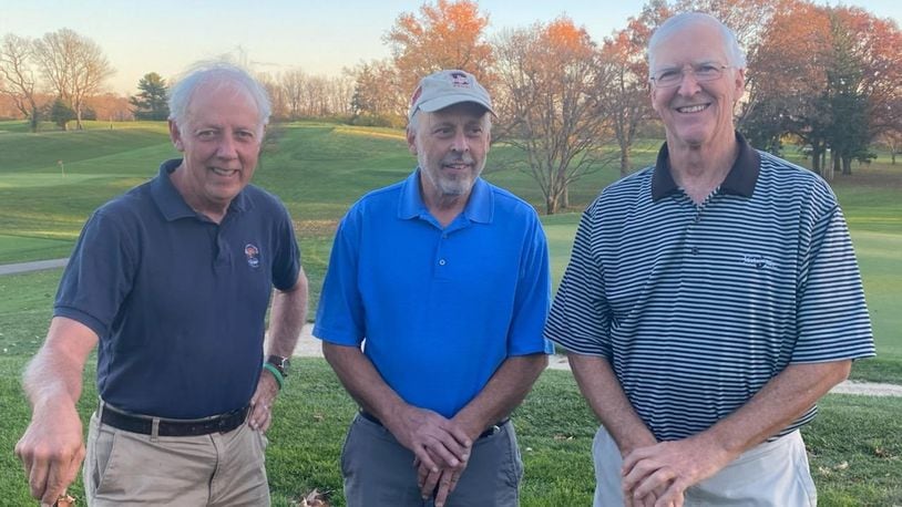 Jim Brooks golf group.  (L-R) Jim Brooks, Bill Beyer, and Bill Thaler. 
Jim Brooks is a retired high school English teacher who writes, coaches tennis, and tutors immigrants
