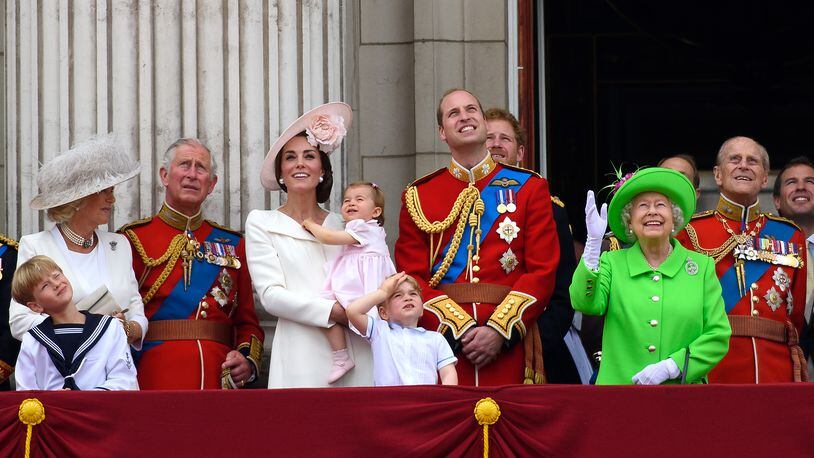 LONDON, ENGLAND - JUNE 11: (L-R) Camilla, Duchess of Cornwall, Charles, Prince of Wales, Catherine, Duchess of Cambridge, Princess Charlotte of Cambridge, Prince George of Cambridge, Prince William, Duke of Cambridge, Queen Elizabeth II and Prince Philip, Duke of Edinburgh watch a fly past during the Trooping the Colour, this year marking the Queen's 90th birthday at The Mall on June 11, 2016 in London, England.  (Photo by Ben A. Pruchnie/Getty Images)