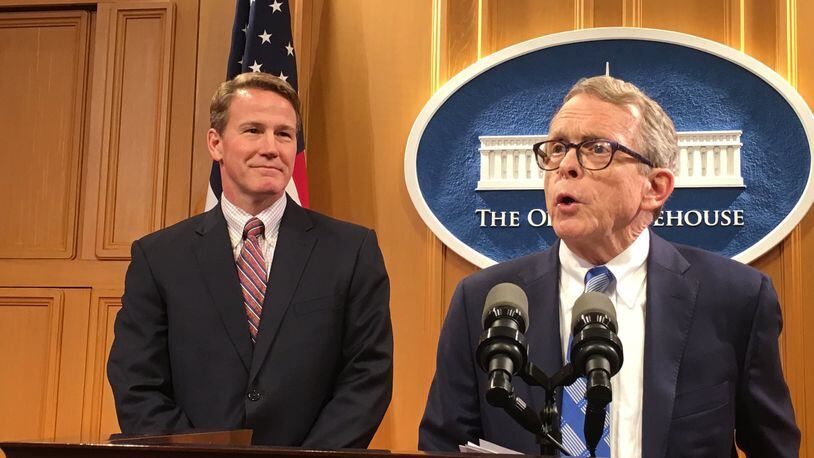 Incoming Gov. Mike DeWine (right) and incoming Lt. Gov. Jon Husted on Tuesday address Husted’s new role. Photo by Laura Bischoff.