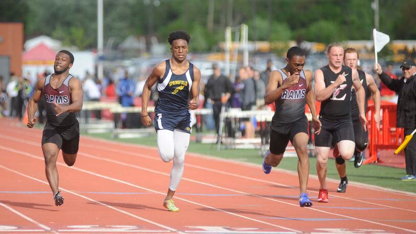 Springfield junior sprinter Quincy Scott during the Wayne track and field invitational at Huber Heights on Thursday, April 27, 2017. Scott won both sprints in the Clark County Invitational. MARC PENDLETON / STAFF