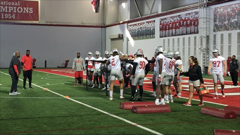 Ohio State football players work during spring practice at the Woody Hayes Athletic Center. (Photo: Marcus Hartman/CMG Ohio)