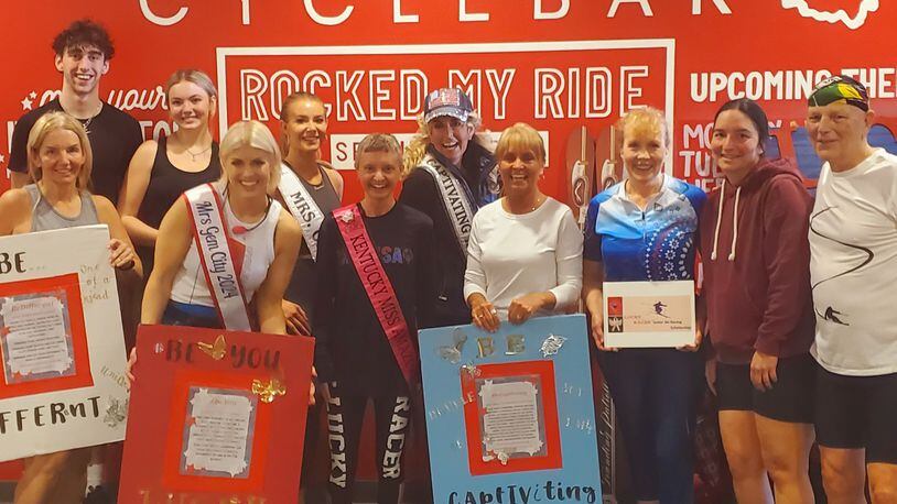 CycleBar hosted a cycling charity fundraiser with dozens of participants pedaling away on stationary bikes so youth snow skiers and special needs adults can afford to hit the slopes.  “Lucky Racer” founder and director Kris Scherer is pictured center back row. CONTRIBUTED