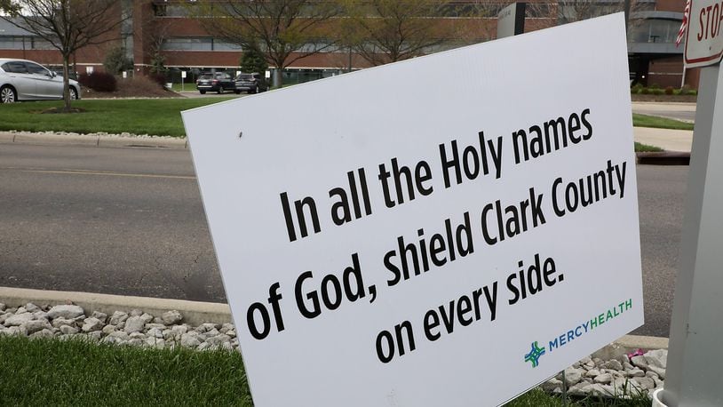 A sign in the parking lot of Mercy Health's Springfield Regional Medical Center Friday. BILL LACKEY/STAFF