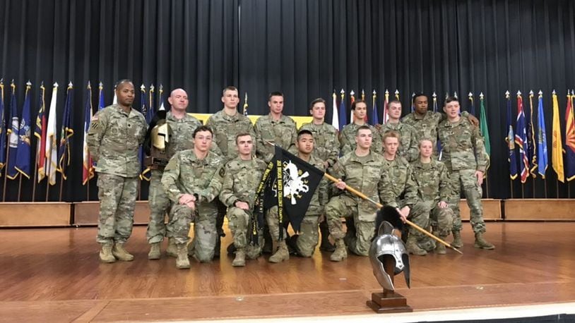 The Ranger Team poses to accept their first prize in the 7th Brigade Ranger Challenge in Fort Knox, Kentucky. Pictured in the back row, from left to right: LTC Samuel Dallas, MSG John Meyer, CDT Enoch Flint, CDT Caleb  Arreguin, CDT Skyler Arny, CDT BriAnn Stokes, CDT Daniel Heiple, CPT Devan Cureton, 1LT Harold Juergens.
Pictured in the front row, from left to right: CDT Justice Bassette, CDT Caleb Kowalewski, CDT David Abraham, CDT Hayden Stokes, CDT Ethan McCall, CDT Moriah Barber.