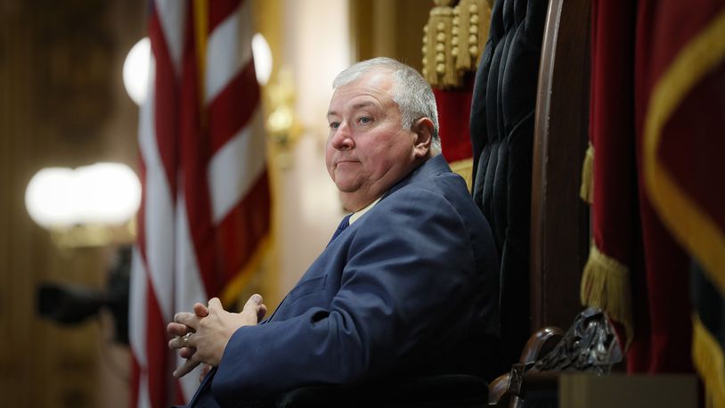 FILE - Ohio House Speaker Larry Householder sits at the head of a legislative session in Columbus, Ohio, Oct. 30, 2019. The convicted former Ohio House speaker was recently transferred to Oklahoma to begin his time in federal prison. (AP Photo/John Minchillo, File)