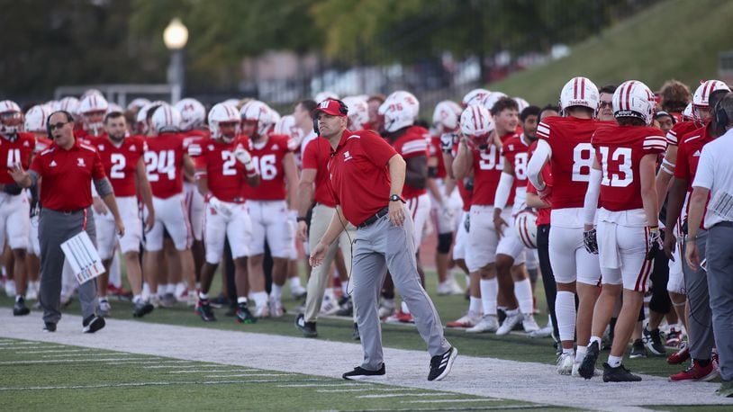 Wittenberg's Clay Davie coaches during a game against Kenyon on Saturday, Sept. 16, 2023, at Edwards-Maurer Field in Springfield. David Jablonski/Staff