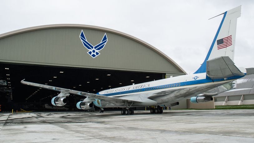 The VC-137C Air Force One (SAM 26000) being towed into the fourth building at the National Museum of the United States Air Force on April 9, 2016. (U.S. Air Force photo by Ken LaRock)
