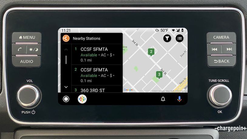 Android Auto compatibility brings essential charging functionality directly into the vehicle, helping drivers easily find nearby stations and more. (Photo: ChargePoint)