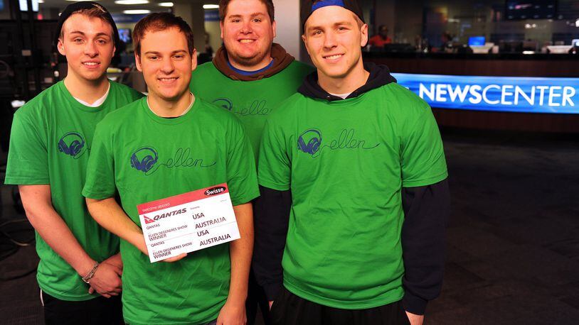 Winners of the Ellen Degeneres Show ticket to Australia, from left: Bryan Demyan, 21, Nate Hauge, 21, Tim Carroll, 21, and Jon Thompson, 21. They are juniors at the University of Dayton. MARSHALL GORBY/STAFF