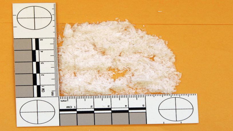 A quantity of crystal methamphetamine totaling 6.4 grams is displayed next to a ruler, in this photo posed at the Oklahoma State Bureau of Investigation laboratory. (AP Photo)