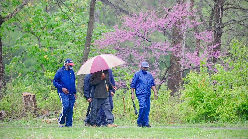 Here are a few people out walking and talking on this rainy Thursday, April 29, 2021 near the Wegerzyn Center.
