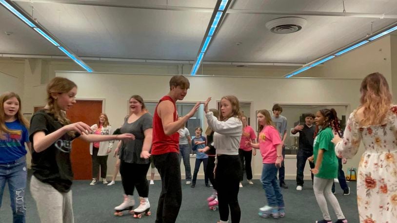 Some of the Youth Arts Ambassadors rehearse in roller skates for the upcoming presentation of "Xanadu, Jr." this weekend at the John Legend Theater.