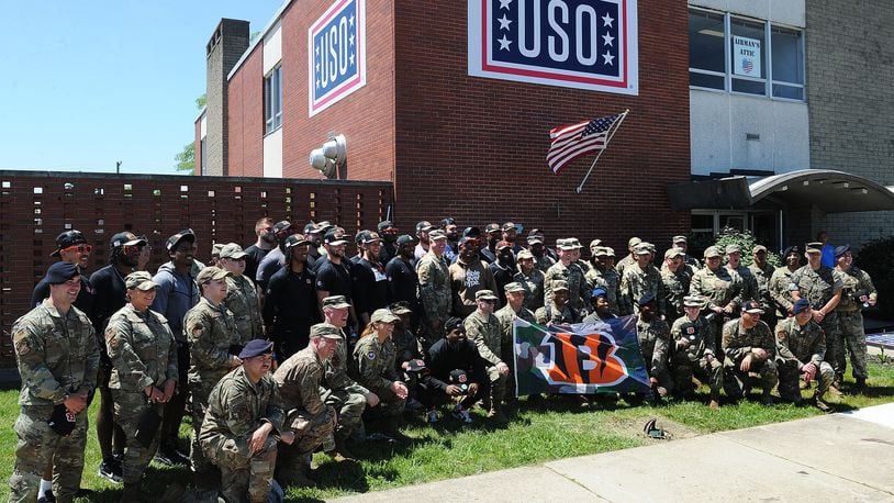 Cincinnati Bengals rookies had the opportunity to engage with military members during a USO luncheon Friday June 3, 2022 to learn about the life of an Airmen. Following the luncheon, the team will tour a C-17 aircraft at the 445th Airlift Wing, visit the 88th Air Base Wing Honor Guard and conclude the tour with meeting some of the Air Force’s bravest Airmen assigned to the Explosives Ordinance Disposal team. The hands-on tour will give the team an insight of Air Force capabilities and the missions at Wright-Patterson Air Force Base. MARSHALL GORBY\STAFF