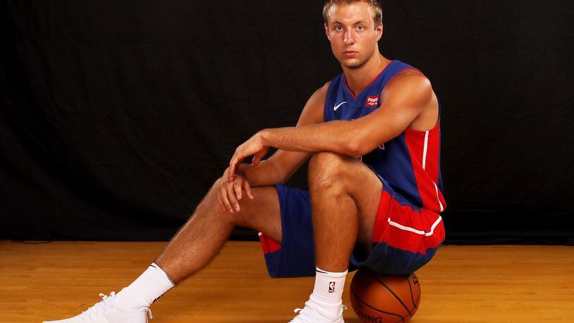 GREENBURGH, NY - AUGUST 11:  Luke Kennard of the Detroit Pistons poses for a portrait during the 2017 NBA Rookie Photo Shoot at MSG Training Center on August 11, 2017 in Greenburgh, New York.   NOTE TO USER: User expressly acknowledges and agrees that, by downloading and or using this photograph, User is consenting to the terms and conditions of the Getty Images License Agreement.  (Photo by Elsa/Getty Images)