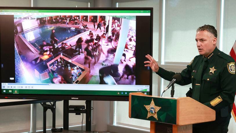 During a press conference in Sanford, Fla., Monday, April 29, 2024, Seminole County Sheriff Dennis Lemma shows a surveillance video taken early Sunday of patrons fleeing the Cabana Live nightclub in Sanford, during shots fired by gunmen. Multiple patrons in the club, including NFL Houston Texans wide receiver Tank Dell, were wounded by the gunfire. (Joe Burbank/Orlando Sentinel via AP)