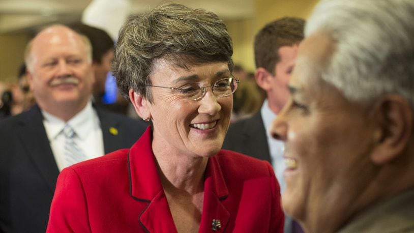 FILE - In this Nov. 6, 2012 file photo, Heather Wilson is seen in Albuquerque, N.M. President Donald Trump is planning to nominate the former New Mexico Rep. Heather Wilson as secretary of the Air Force. In confirmed, she would be the first Air Force Academy graduate to hold the position. (AP Photo/Jake Schoellkopf, File)