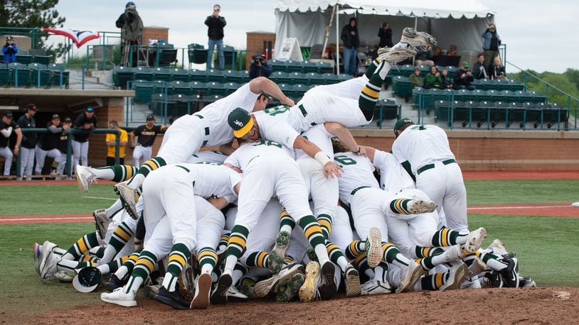 The Wright State baseball team celebrates after beating Milwaukee 21-3 in the Horizon League title game Saturday at Nischwitz Stadium. Wright State Athletics photo