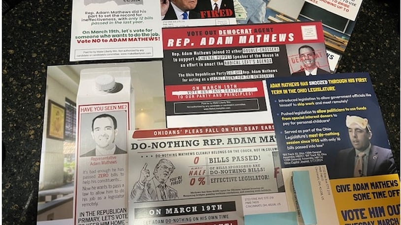 This are some of the mailers that have been mailed to voters in Ohio House District 56 in Warren County over the past several weeks. The mailers contain false and misleading information were sent by Make Liberty Win, a political interest group based in Virginia, from a co-op office in Cincinnati. ED RICHTER/STAFF