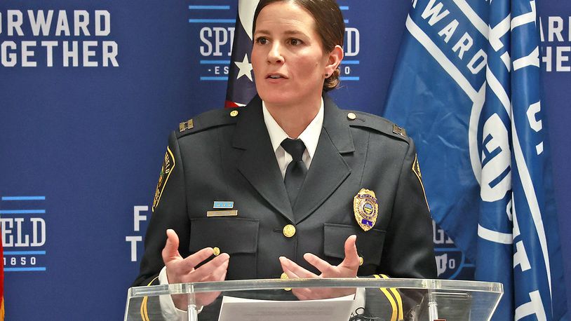 Capt. Allison Elliott, the new Springfield Police Chief, speaks during a press conference announcing her position Monday, Dec. 19, 2022 during a press conference at City Hall. BILL LACKEY/STAFF