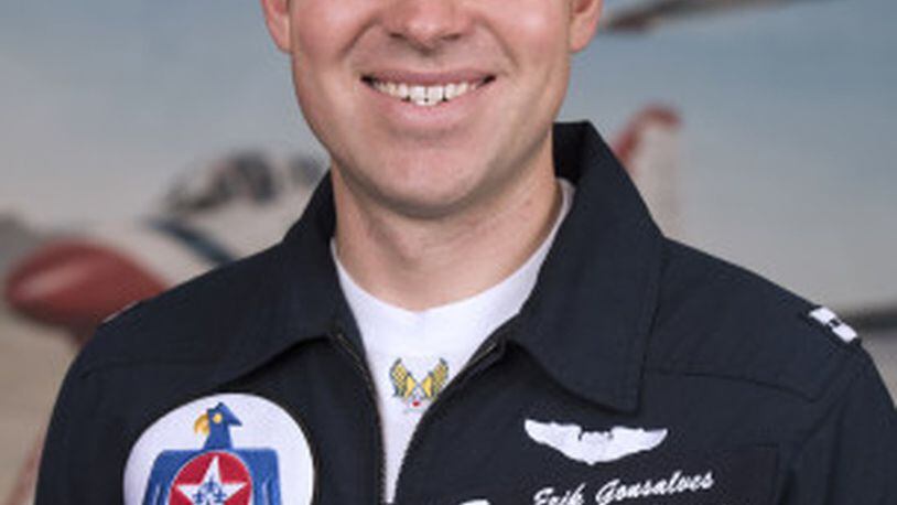 Capt. Erik Gonsalves is the Advance Pilot/Narrator for the U.S. Air Force Air Demonstration Squadron, flying the No. 8 jet for the Thunderbirds. U.S. AIR FORCE