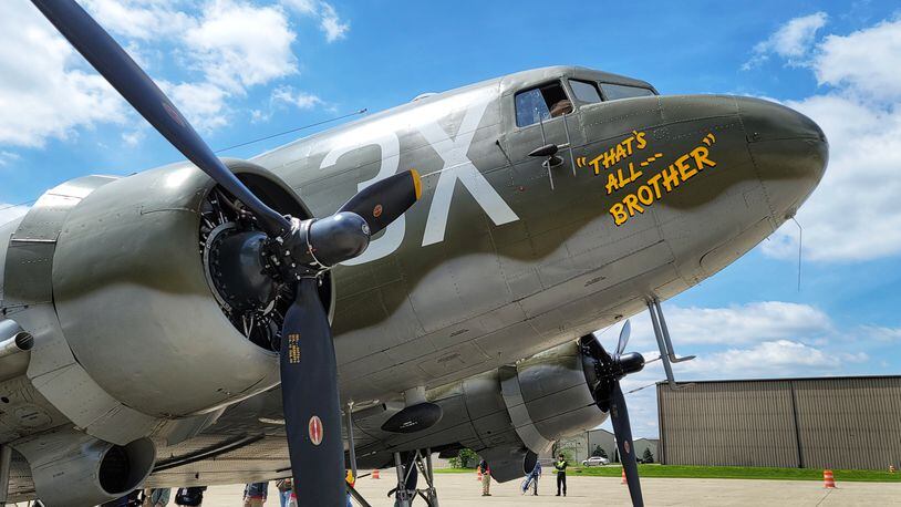 That’s All, Brother, a C-47 piloted by Lt. Col. John Donalson, arrived at Butler County Regional Airport Friday, April 16. The historic WWII C-47 aircraft led over 800 C-47’s over the drop zones of Normandy, France on D-Day on June 6th, 1944. The airplane is expected to land at Grimes Field in Urbana Monday morning. NICK GRAHAM / STAFF