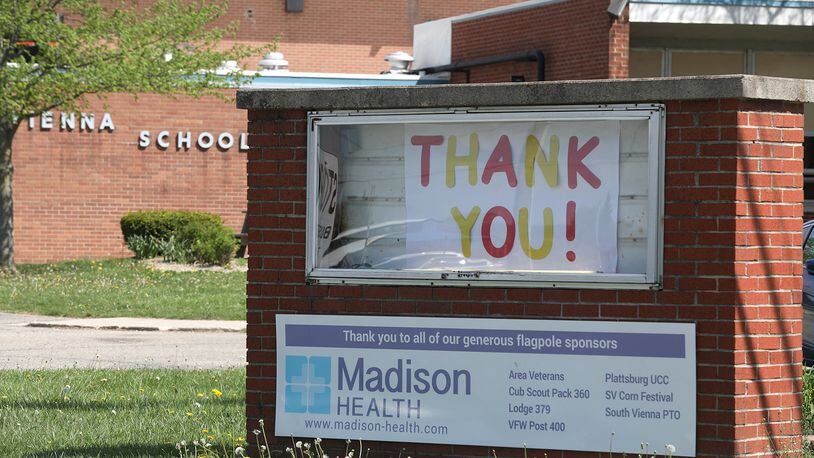 The sign in front of Northridge School reads “Thank You!” Wednesday monring for all the voters who approved the Northeastern Schools Levy. Bill Lackey/Staff