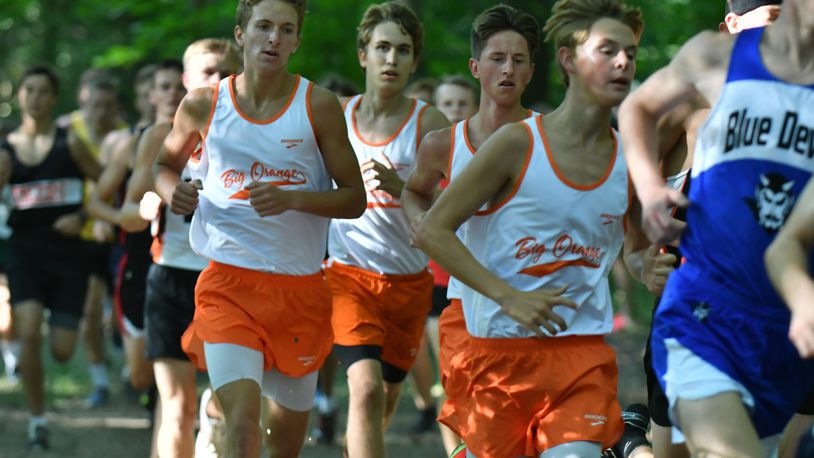 West Liberty-Salem’s boys cross country team, including (left to right) Josh Spinner, Tate Yoder, Noah Smith and Dylan Lauck, have the Big Orange ranked No. 5 in the Division II state poll. Greg Billing / Contributed