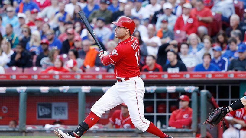 CINCINNATI, OH - OCTOBER 01: Joey Votto #19 of the Cincinnati Reds doubles to right field to drive in a run in the seventh inning against the Chicago Cubs at Great American Ball Park on October 1, 2016 in Cincinnati, Ohio. The Reds defeated the Cubs 7-4. (Photo by Joe Robbins/Getty Images)