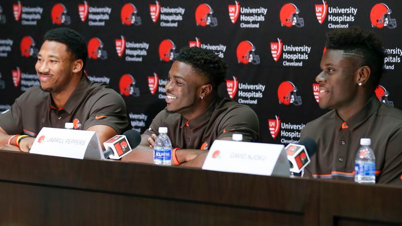 Cleveland Browns first round NFL draft choices, from left, Myles Garrett, Jabrill Peppers, center, and David Njoku answer questions during a news conference at the NFL team’s training facility, Friday, April 28, 2017, in Berea, Ohio. (AP Photo/Ron Schwane)