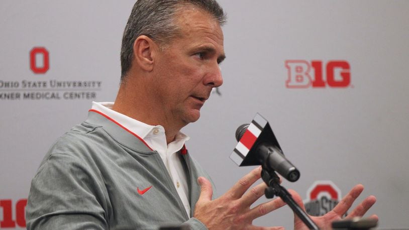 Ohio State coach Urban Meyer speaks at a press conference on Monday, Sept. 17, 2018, at the Woody Hayes Athletic Center in Columbus. David Jablonski/Staff