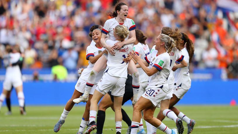 LYON, FRANCE - JULY 07: Rose Lavelle of the USA celebrates with teammates following the 2019 FIFA Women’s World Cup France Final match between The United States of America and The Netherlands at Stade de Lyon on July 07, 2019 in Lyon, France. (Photo by Richard Heathcote/Getty Images)