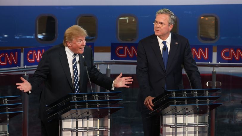 SIMI VALLEY, CA-SEPTEMBER. 16: Republican presidential candidates Donald Trump and Jeb Bush take part in the presidential debates at the Reagan Library on September 16, 2015 in Simi Valley, California. Fifteen Republican presidential candidates are participating in the second set of Republican presidential debates. (Photo by Justin Sullivan/Getty Images)