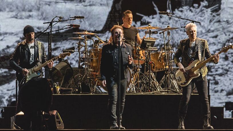 Left to right,  The Edge, Bono, Larry Mullen Jr., and Adam Clayton of U2 perform in concert during The Joshua Tree Tour 2017 at NRG Stadium in Houston.
