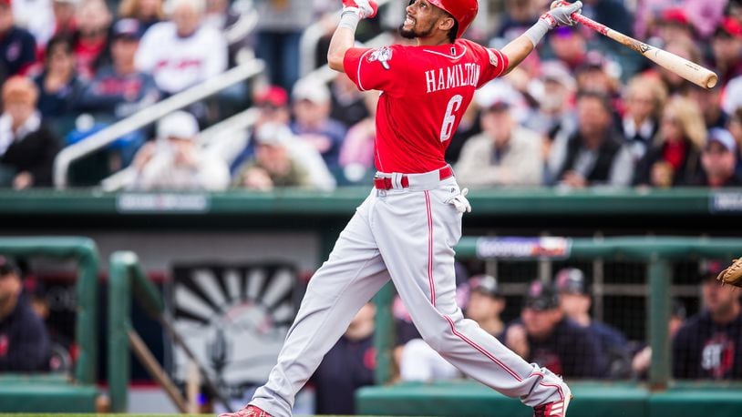 GOODYEAR, AZ - FEBRUARY 23: Billy Hamilton of the Cincinnati Reds bats in the first inning against the Cleveland Indians during a Spring Training Game at Goodyear Ballpark on February 23, 2018 in Goodyear, Arizona. (Photo by Rob Tringali/Getty Images)