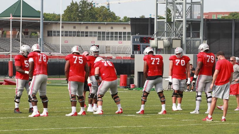 Ohio State is trying out a new look offensive line with (L-R) Nicholas Petit-Frere, Thayer Munford, Harry Miller, Paris Johnson Jr. and Dawand Jones.