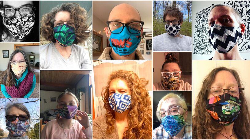Villagers in Yellow Springs have made more than 1,200 facial masks as part of a community effort to reduce the spread of coronavirus. Pictured top left to bottom right. Kate Hamilton, Moira Laughlin, Simon Freeman, Travis Tarbox, Pierre Nagley, Chris Powell, Katie Rose Wright, Eve Fleck, Malorie Lininger, Jaime Wilke :Lorrie Sparrow-Knapp and Selwa Whitesell.