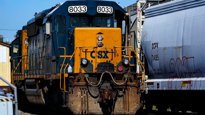 FILE - A CSX train engine sits idle on tracks in Philadelphia, Wednesday, Sept. 14, 2022. Major freight railroads will have to maintain two-person crews on most routes under a new federal rule that was finalized Tuesday, April 2, 2024. (AP Photo/Matt Rourke, File)