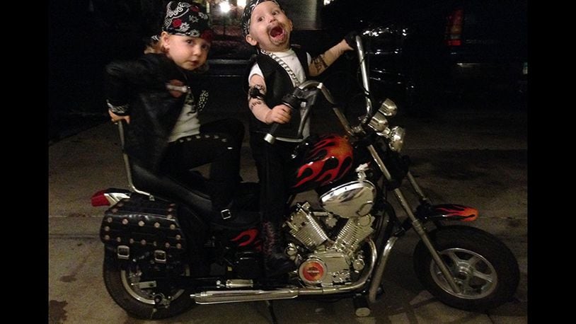 After nearly breaking  the Internet last year with their adorable old people costumes, Bellbrook twins Liam and Adelynn Stump are back this Halloween season and this time they are bikers.(Photo courtesy of Bill and Amber Stump)