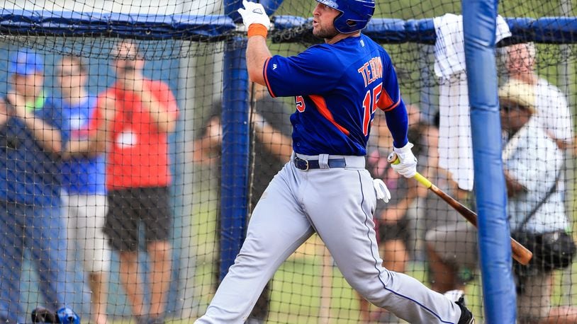 Tim Tebow of the New York Mets hits a home run at an instructional league day at Tradition Field on September 20, 2016 in Port St. Lucie, Florida.